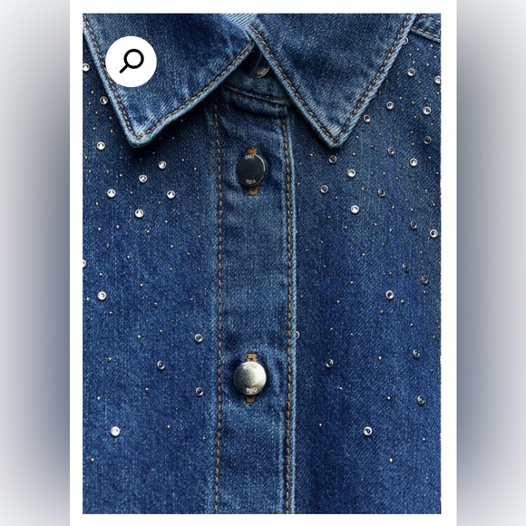 Zara Dark Blue Wash Denim Button-Up Blouse | Rhinestones | New | Small - Picture 5 of 11